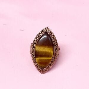 Vintage Brass Tiger Eye Stone Ring Size 8.5